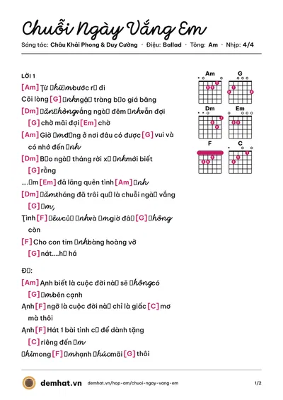 Hợp âm Chuỗi Ngày Vắng Em (Châu Khải Phong) – bản nhạc PDF trang 1, tông Am
