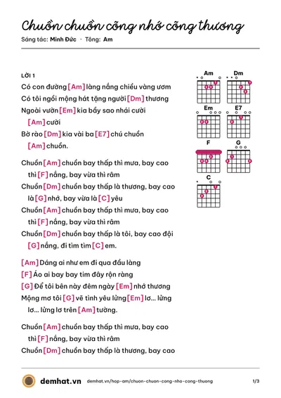 Hợp âm Chuồn chuồn cõng nhớ cõng thương (Hiền Thục) – bản nhạc PDF trang 1, tông Am
