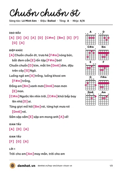 Hợp âm Chuồn chuồn ớt (Ngọc Khuê) – bản nhạc PDF trang 1, tông A