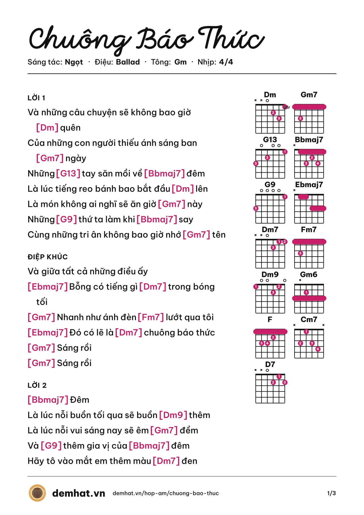 Hợp âm Chuông Báo Thức (Ngọt) – bản nhạc PDF trang 1, tông Gm