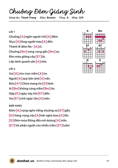 Hợp âm Chuông Đêm Giáng Sinh (Kim Tước) – bản nhạc PDF trang 1, tông A