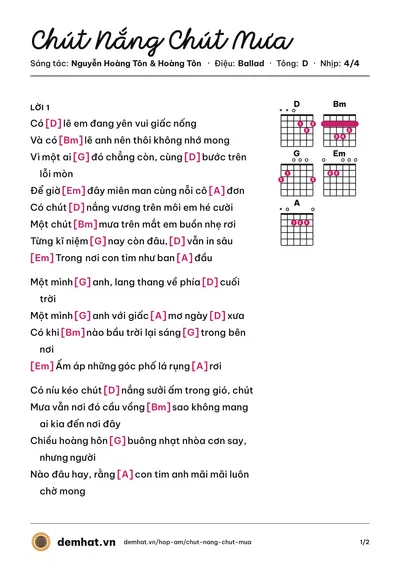 Hợp âm Chút Nắng Chút Mưa (Hoàng Tôn) – bản nhạc PDF trang 1, tông D