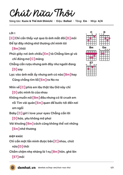 Hợp âm Chút Nữa Thôi (Kusix) – bản nhạc PDF trang 1, tông Em