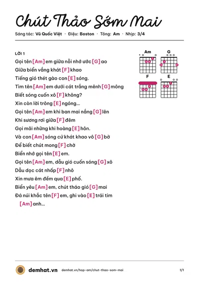Hợp âm Chút Thảo Sớm Mai (Vũ Quốc Việt) – bản nhạc PDF trang 1, tông Am