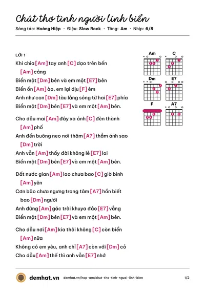 Hợp âm Chút thơ tình người lính biển (Hoài Nam) – bản nhạc PDF trang 1, tông Am