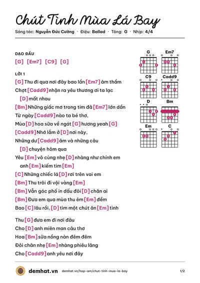 Hợp âm Chút Tình Mùa Lá Bay (Nguyễn Đức Cường) – bản nhạc PDF trang 1, tông G