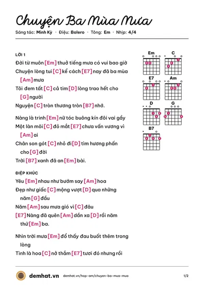 Hợp âm Chuyện Ba Mùa Mưa (Quang Lê) – bản nhạc PDF trang 1, tông Em
