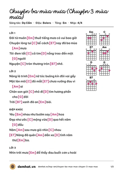 Hợp âm Chuyện ba mùa mưa (Chuyện 3 mùa mưa) (Quang Lê) – bản nhạc PDF trang 1, tông Em
