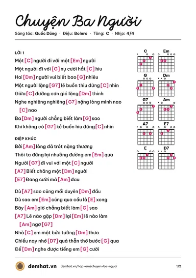 Hợp âm Chuyện Ba Người (Quang Lê) – bản nhạc PDF trang 1, tông C