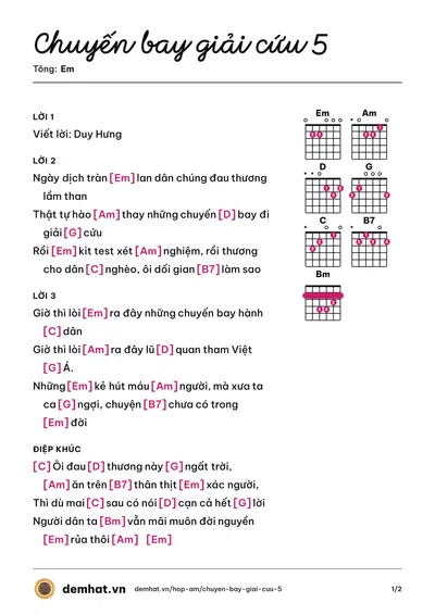 Hợp âm Chuyến bay giải cứu 5 (Ngọc Phương) – bản nhạc PDF trang 1, tông Em