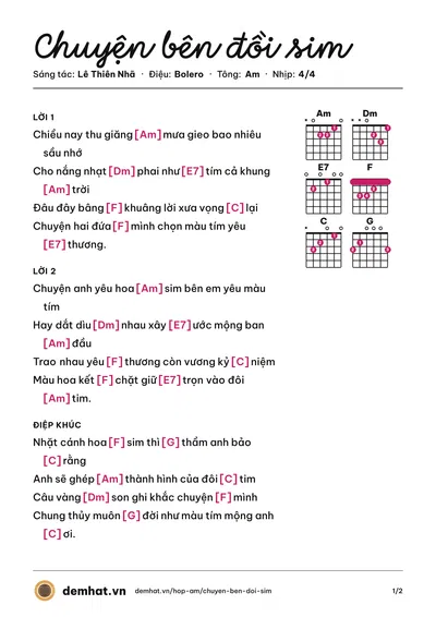 Hợp âm Chuyện bên đồi sim (Hà Vân) – bản nhạc PDF trang 1, tông Am