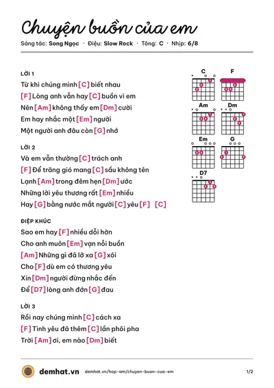 Hợp âm Chuyện buồn của em (Song Ngọc) – bản nhạc PDF trang 1, tông C