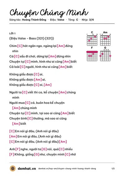 Hợp âm Chuyện Chúng Mình (Lê Cát Trọng Lý) – bản nhạc PDF trang 1, tông C