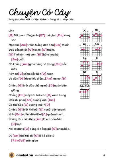 Hợp âm Chuyện Cỏ Cây (Gác Mái) – bản nhạc PDF trang 1, tông G