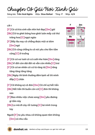 Hợp âm Chuyện Cô Gái Hơi Xinh Gái (Trần Hoài Nghĩa) – bản nhạc PDF trang 1, tông F