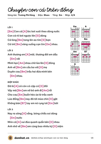 Hợp âm Chuyện con cá trên đồng (Đan Trường) – bản nhạc PDF trang 1, tông Em