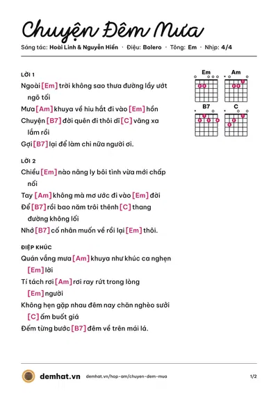 Hợp âm Chuyện Đêm Mưa (Mai Thiên Vân) – bản nhạc PDF trang 1, tông Em