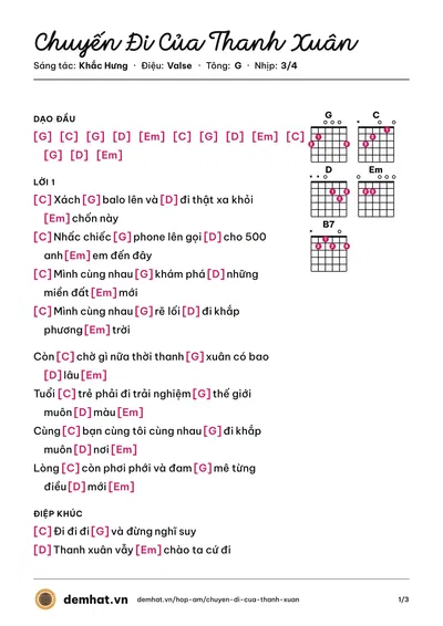 Hợp âm Chuyến Đi Của Thanh Xuân (Suni Hạ Linh) – bản nhạc PDF trang 1, tông G