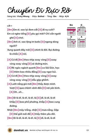 Hợp âm Chuyến Đi Rực Rỡ (Vicky Nhung) – bản nhạc PDF trang 1, tông Bm