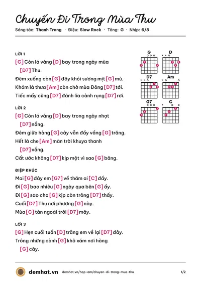 Hợp âm Chuyến Đi Trong Mùa Thu (Hồng Tước) – bản nhạc PDF trang 1, tông G