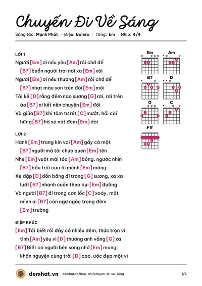 Hợp âm Chuyến Đi Về Sáng (Như Quỳnh) – bản nhạc PDF trang 1, tông Em