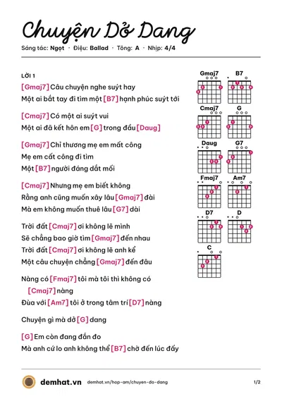 Hợp âm Chuyện Dở Dang (Ngọt) – bản nhạc PDF trang 1, tông A