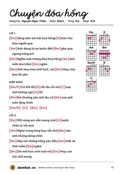 Hợp âm Chuyện đóa hồng (Thanh Thảo) – bản nhạc PDF trang 1, tông Em