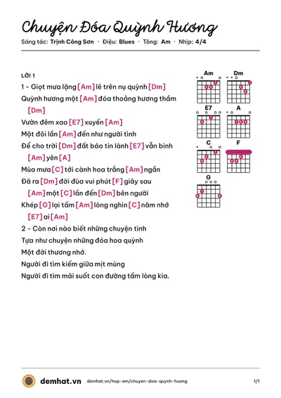 Hợp âm Chuyện Đóa Quỳnh Hương (Mỹ Tâm) – bản nhạc PDF trang 1, tông Am