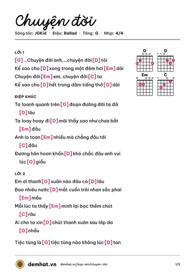 Hợp âm Chuyện đời (JGKid) – bản nhạc PDF trang 1, tông G