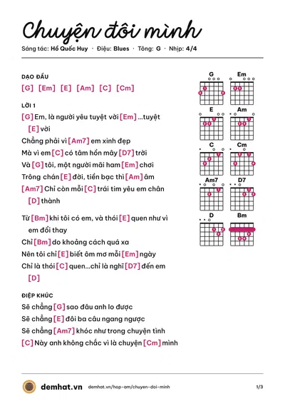 Hợp âm Chuyện đôi mình (Hồ Quốc Huy) – bản nhạc PDF trang 1, tông G