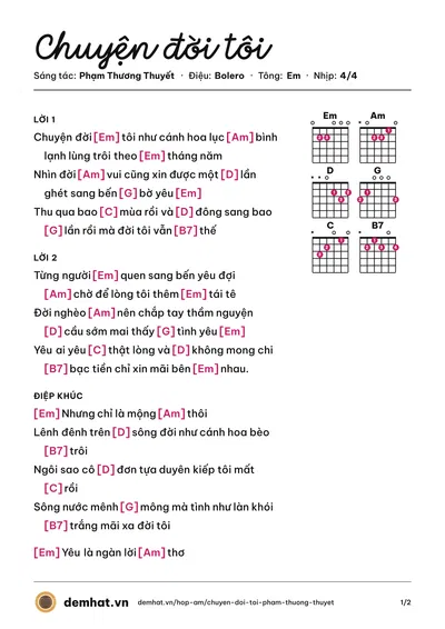 Hợp âm Chuyện đời tôi (Phạm Thương Thuyết) – bản nhạc PDF trang 1, tông Em