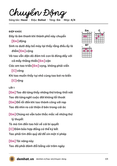 Hợp âm Chuyển Động (Hazel) – bản nhạc PDF trang 1, tông Em