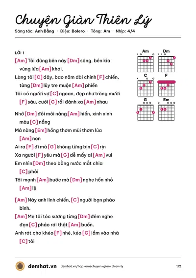 Hợp âm Chuyện Giàn Thiên Lý (Mạnh Đình) – bản nhạc PDF trang 1, tông Am