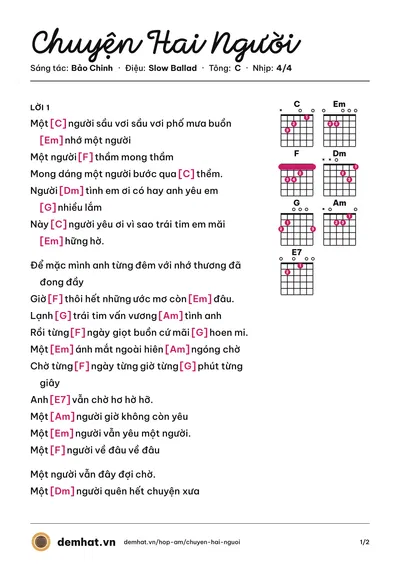 Hợp âm Chuyện Hai Người (Quang Hà) – bản nhạc PDF trang 1, tông C