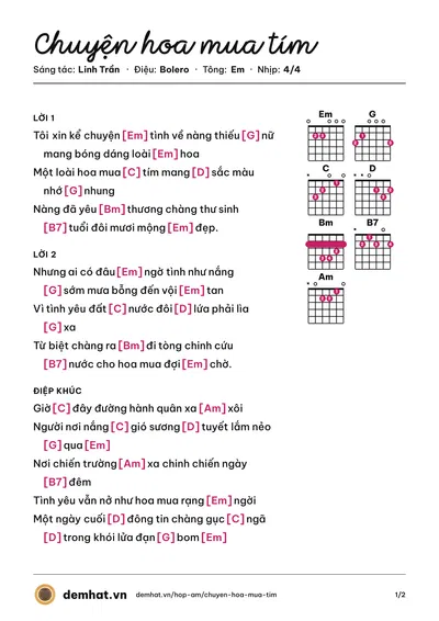 Hợp âm Chuyện hoa mua tím (Lâm Hoài Phong) – bản nhạc PDF trang 1, tông Em