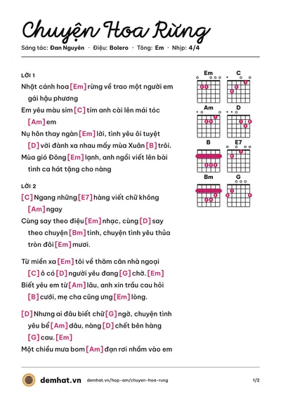 Hợp âm Chuyện Hoa Rừng (Đan Nguyên) – bản nhạc PDF trang 1, tông Em