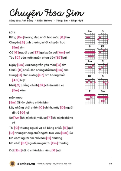 Hợp âm Chuyện Hoa Sim (Như Quỳnh) – bản nhạc PDF trang 1, tông Em