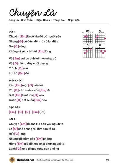 Hợp âm Chuyện Là (Hika Trần) – bản nhạc PDF trang 1, tông Em