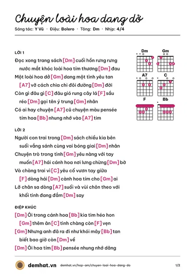 Hợp âm Chuyện loài hoa dang dở (Y Vũ) – bản nhạc PDF trang 1, tông Dm