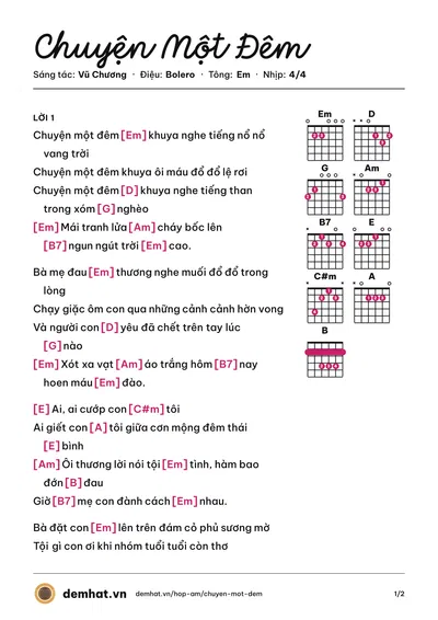 Hợp âm Chuyện Một Đêm (Hoàng Oanh) – bản nhạc PDF trang 1, tông Em