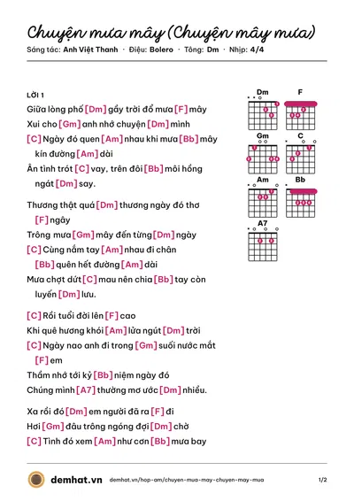 Hợp âm Chuyện mưa mây (Chuyện mây mưa) (Chế Linh) – bản nhạc PDF trang 1, tông Dm