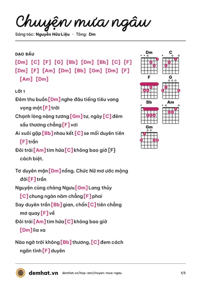 Hợp âm Chuyện mưa ngâu (Nguyễn Hữu Liệu) – bản nhạc PDF trang 1, tông Dm