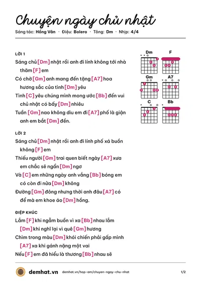 Hợp âm Chuyện ngày chủ nhật (Lâm Minh Thảo) – bản nhạc PDF trang 1, tông Dm