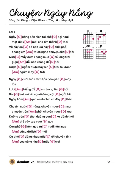 Hợp âm Chuyện Ngày Nắng (Đông) – bản nhạc PDF trang 1, tông G