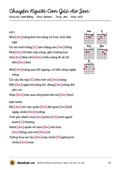 Hợp âm Chuyện Người Con Gái Ao Sen (Trường Vũ) – bản nhạc PDF trang 1, tông Am