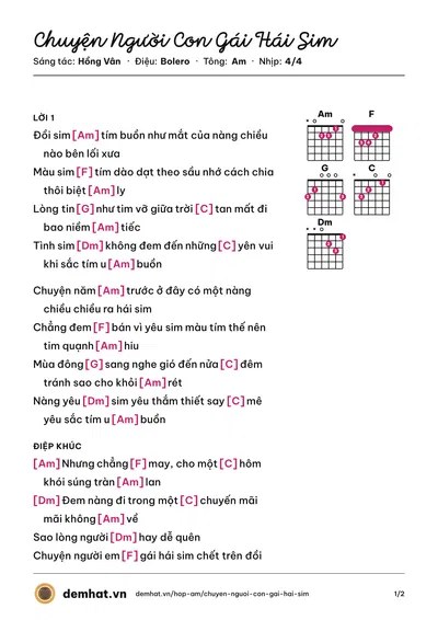 Hợp âm Chuyện Người Con Gái Hái Sim (Như Quỳnh) – bản nhạc PDF trang 1, tông Am