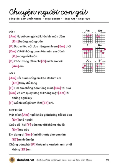 Hợp âm Chuyện người con gái (Lâm Chấn Khang) – bản nhạc PDF trang 1, tông Am