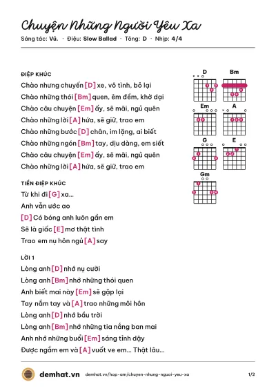 Hợp âm Chuyện Những Người Yêu Xa (Vũ.) – bản nhạc PDF trang 1, tông D