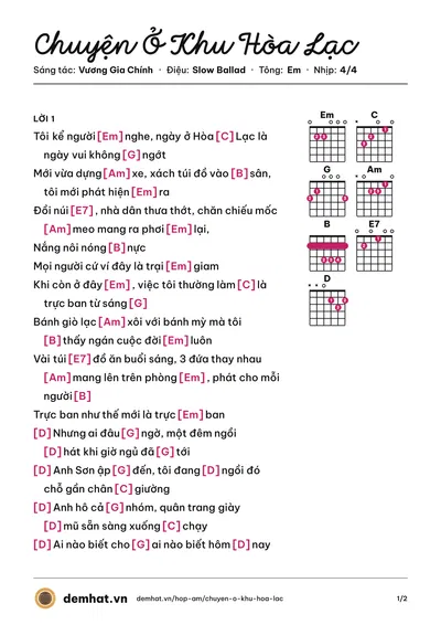 Hợp âm Chuyện Ở Khu Hòa Lạc (Vương Gia Chính) – bản nhạc PDF trang 1, tông Em