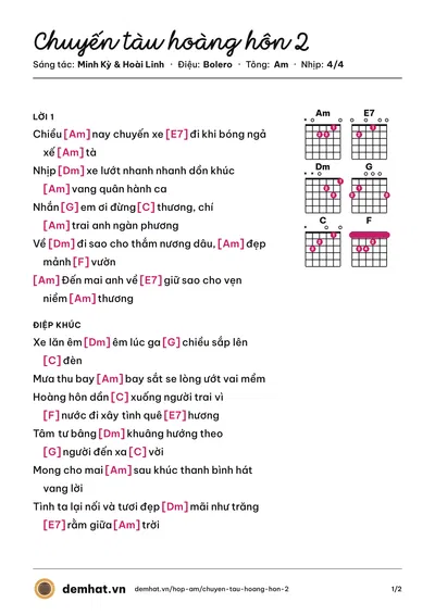 Hợp âm Chuyến tàu hoàng hôn 2 (Giao Linh) – bản nhạc PDF trang 1, tông Am